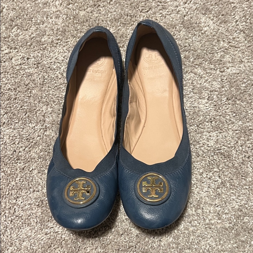 Tory Burch Navy Blue Flats with Gold Logo